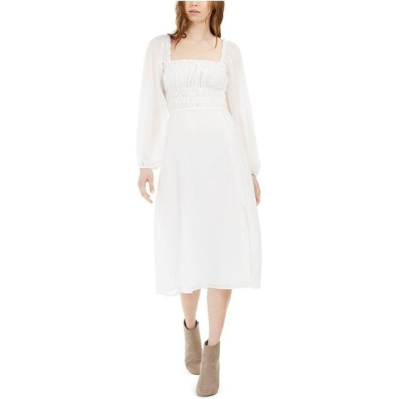 Leyden Smocked Ruffled Midi Dress L White - Picture 1 of 9
